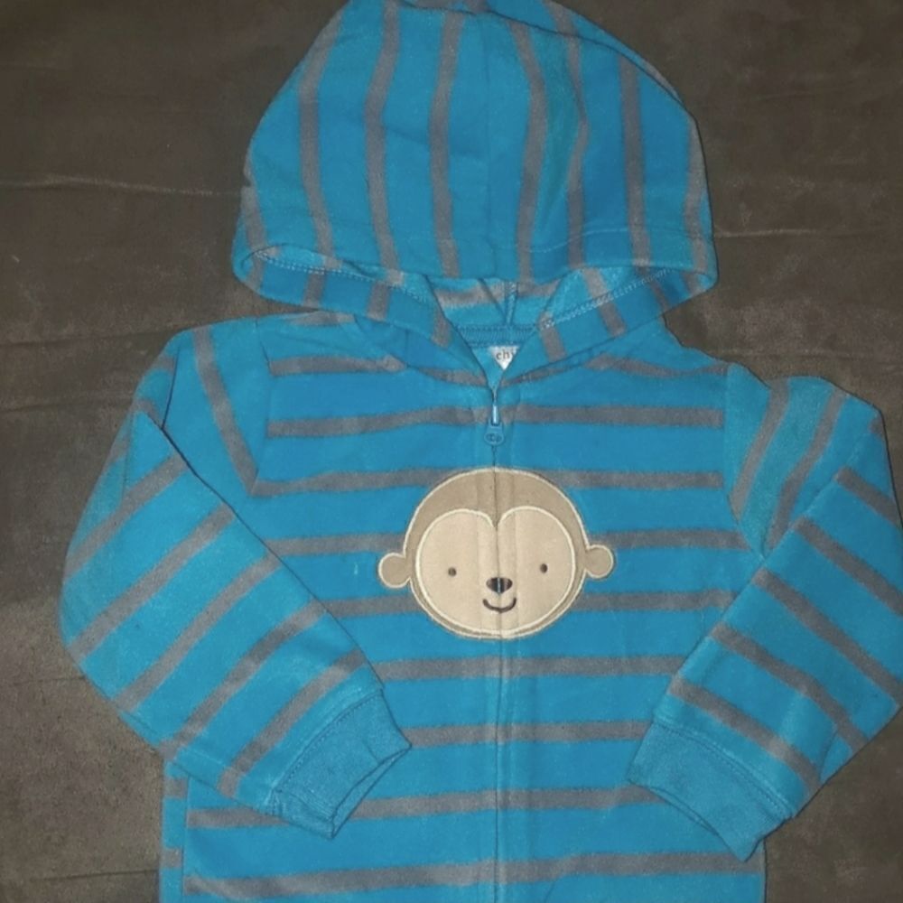 Carter's Child of Mine Blue / Gray Striped Fleece Monkey Hoodie Sz 12 Mos